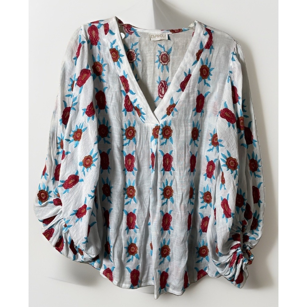 Baku White Embroidered Babydoll Boho Gauze Tunic Top Women's Size Medium